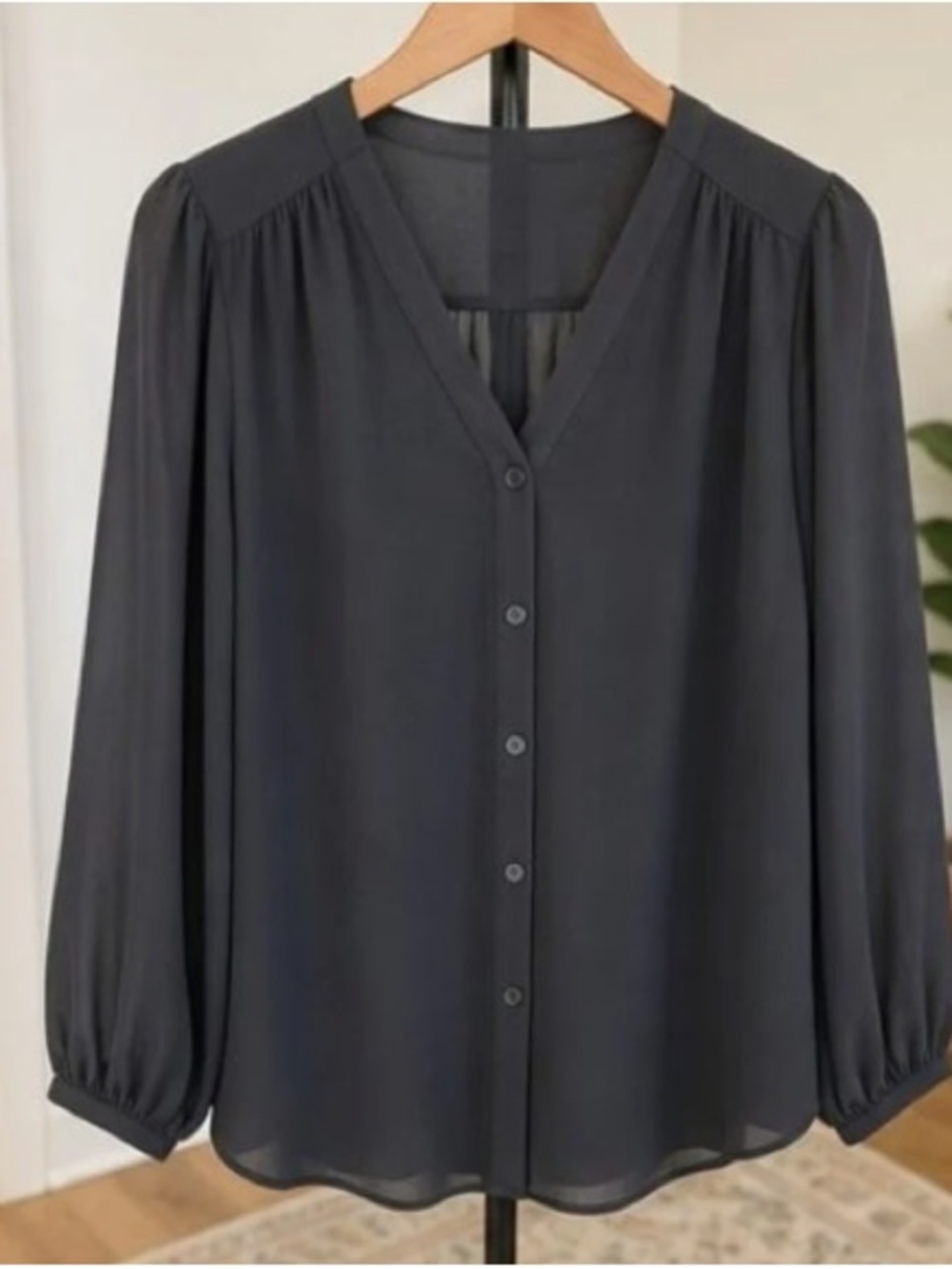 Classic V-Neck Button-Front Blouse - Black